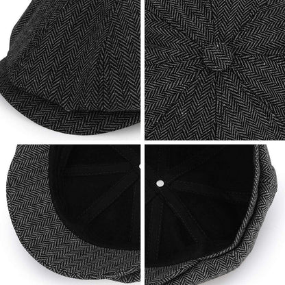 Newsboy Mütze 8-Panel Fischgräten Tweed Retro Gatsby Cap Schwarz