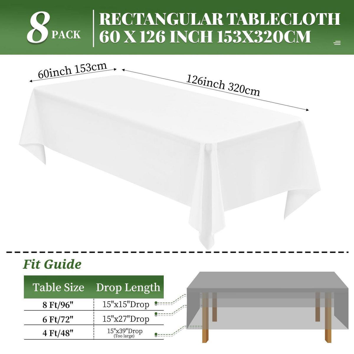 Weiße Tischdecken 8er-Pack, 153x320cm, Rechteckig für Hochzeiten