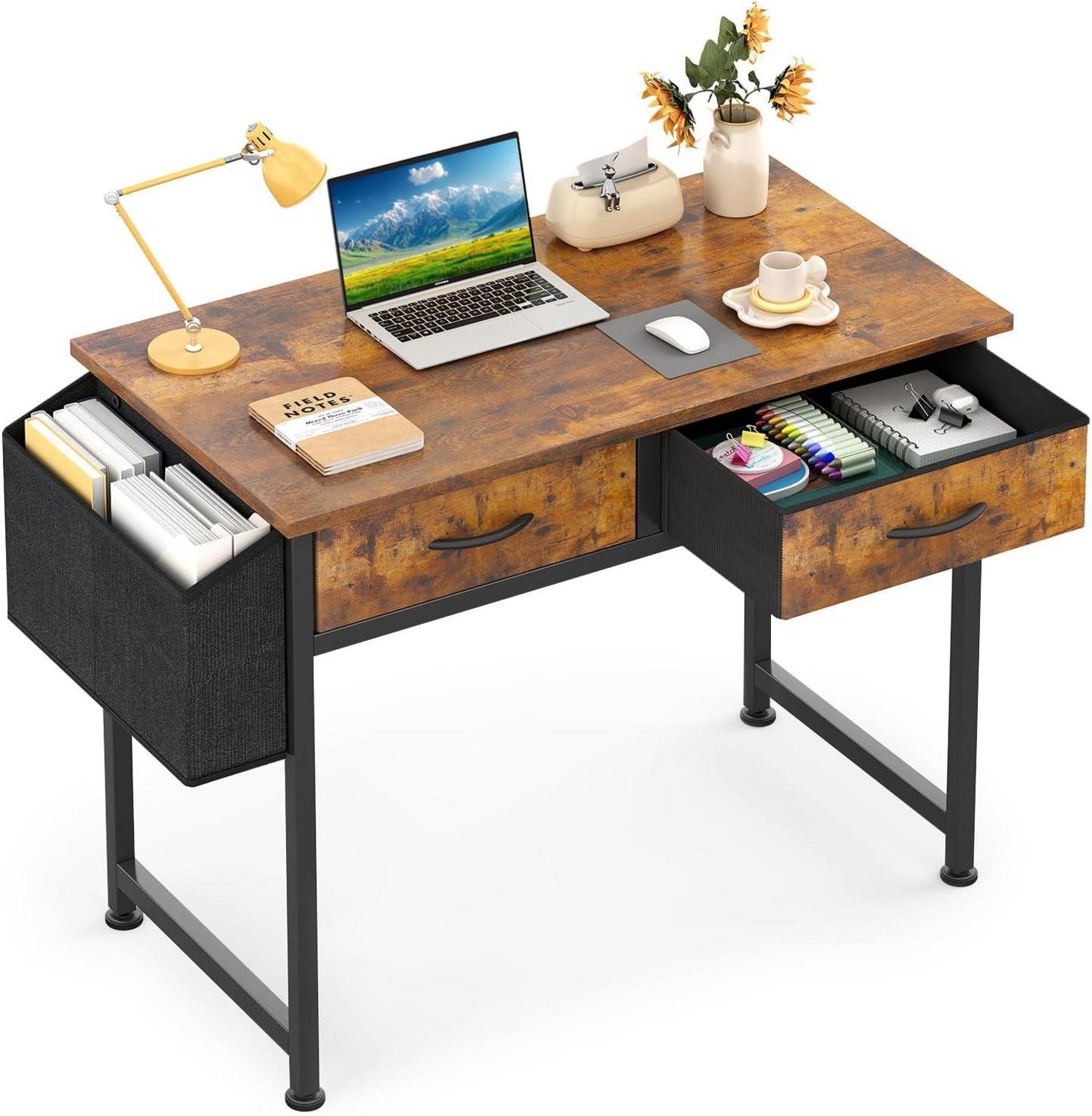 Schreibtisch mit Schubladen Vintage Braun Holz Metall 80 cm