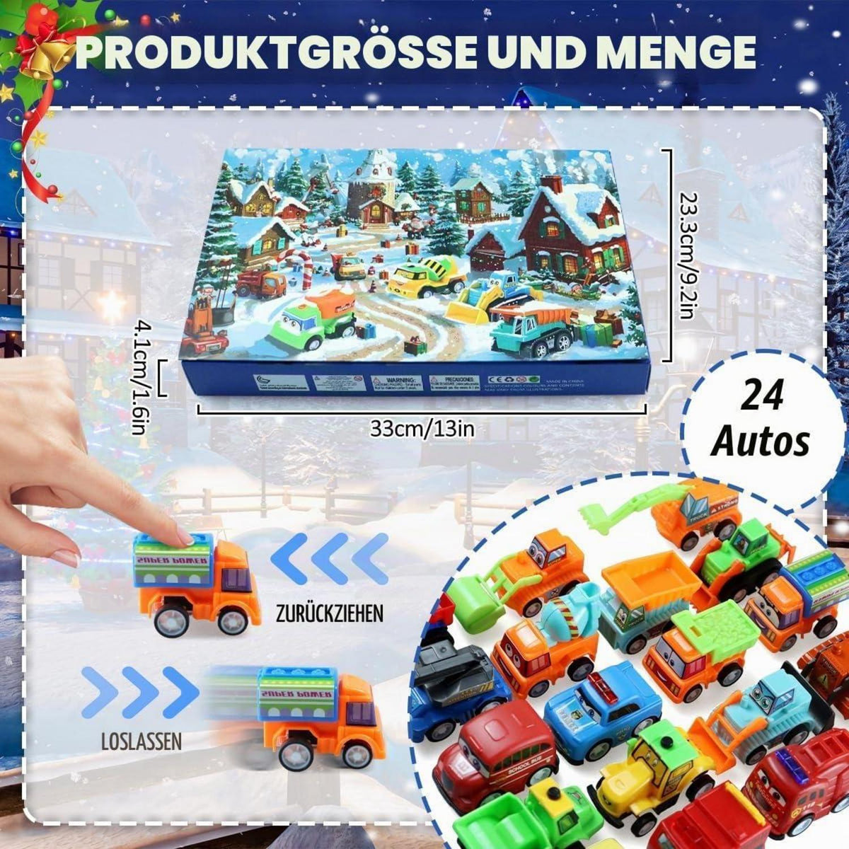 Adventskalender Auto 2026 Kinder – 24 Spielzeugautos & Baustelle