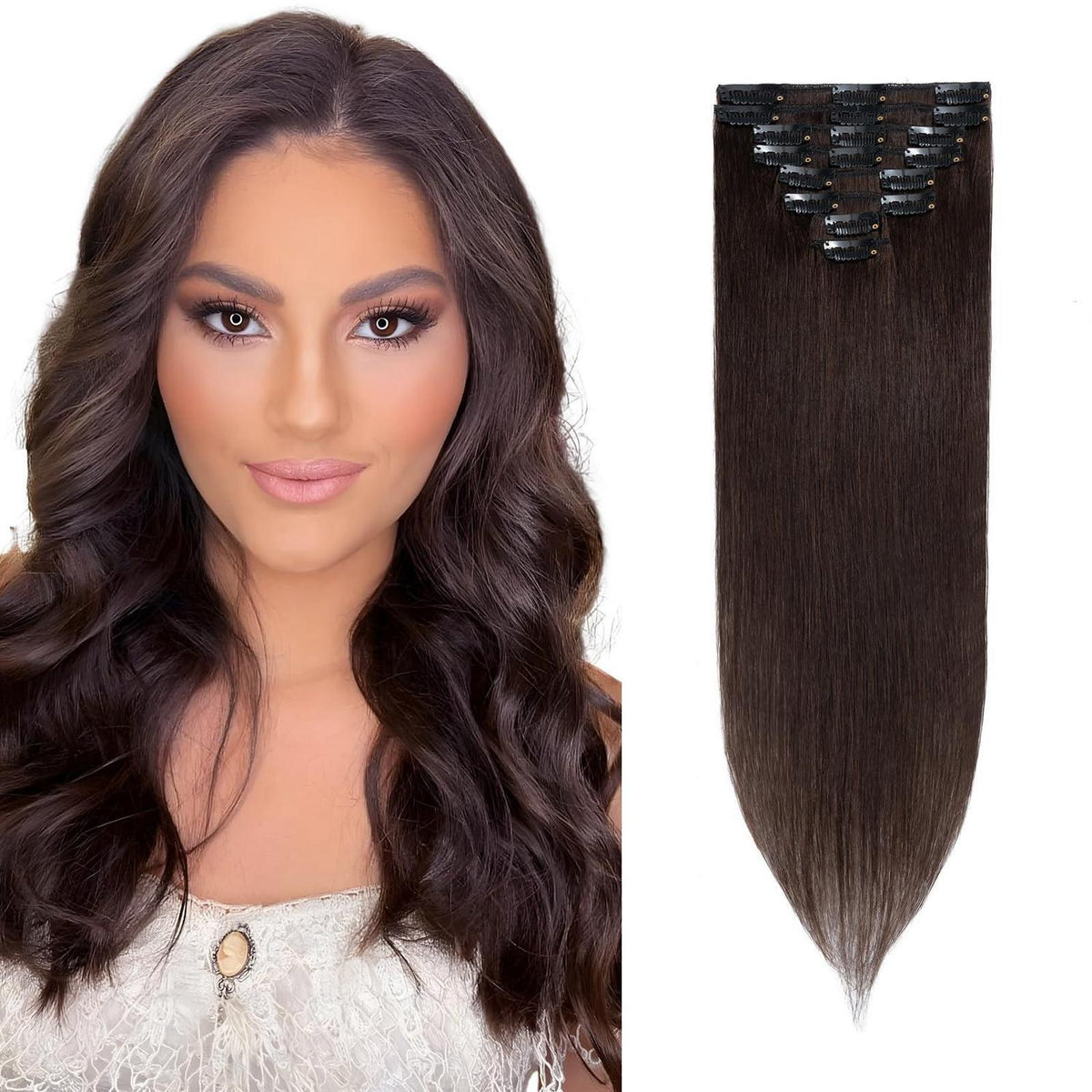Echthaar Clip ins Haarverlängerung Dunkelbraun 60cm - 8 Stück