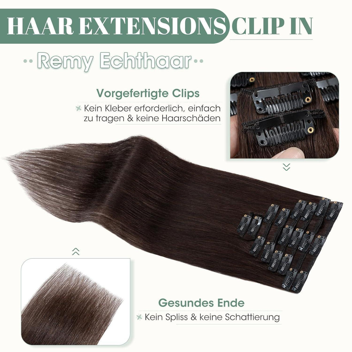 Echthaar Clip ins Haarverlängerung Dunkelbraun 50cm - 8 Stück