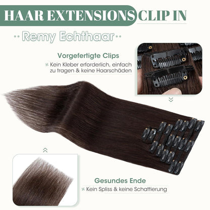 Echthaar Clip ins Haarverlängerung Dunkelbraun 50cm - 8 Stück