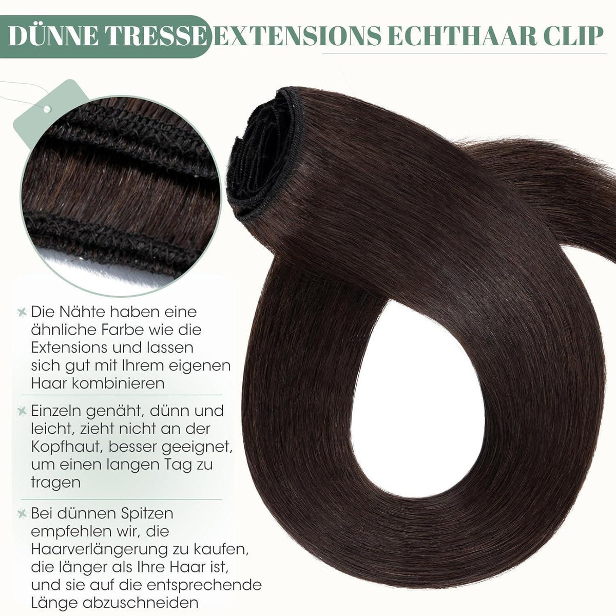 Echthaar Clip ins Haarverlängerung Dunkelbraun 50cm - 8 Stück