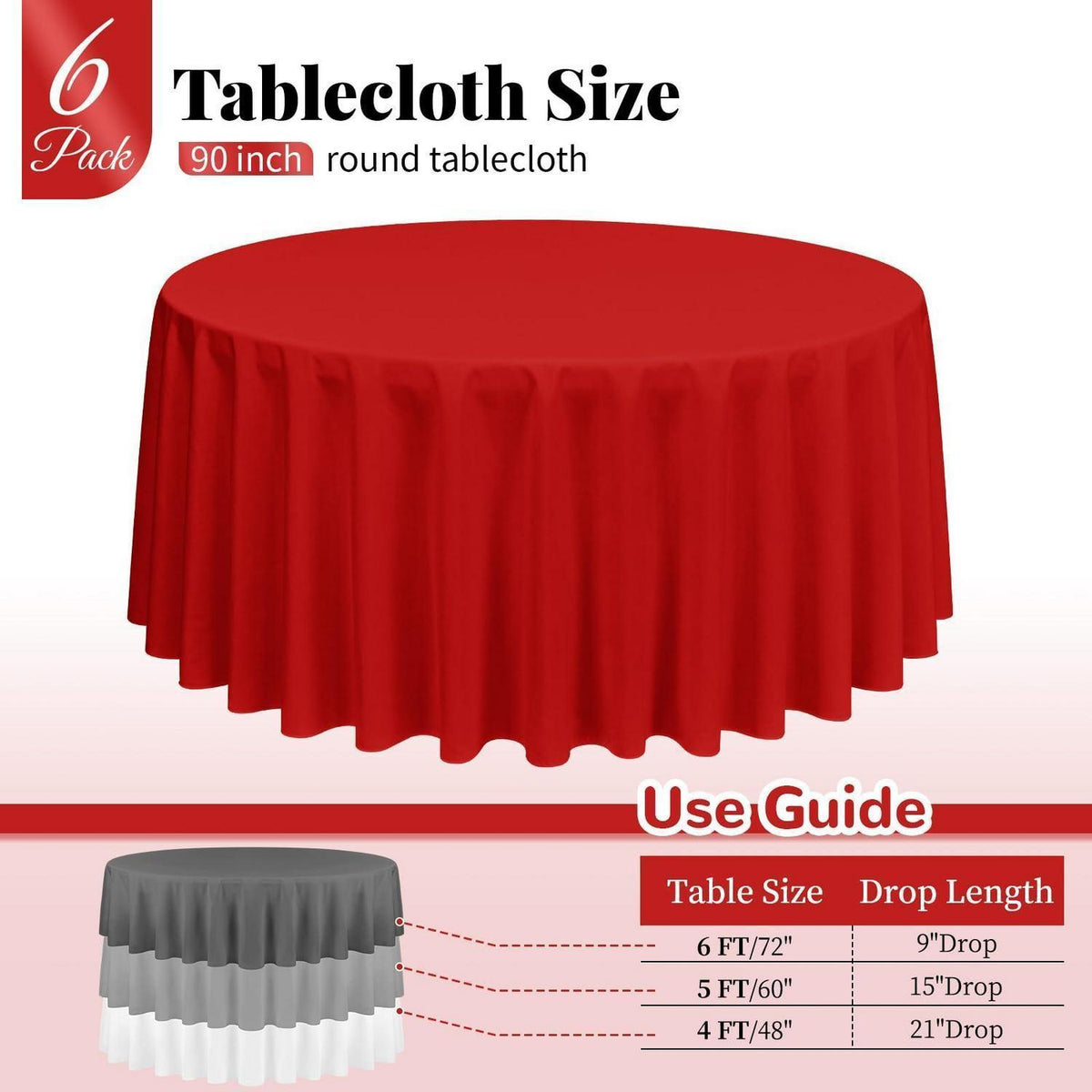 6x Runde Tischdecke Rot, 228 cm – Waschbar & Wiederverwendbar