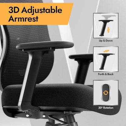 Ergonomischer Bürostuhl mit 3D Lendenstütze, Armlehnen Schwarz