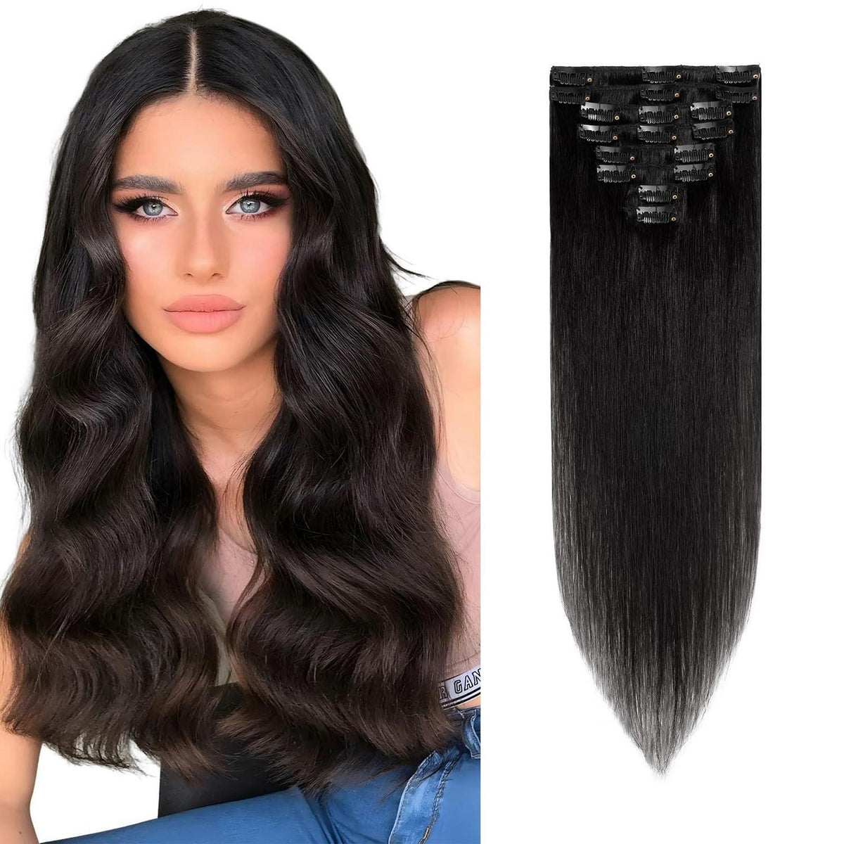 Echthaar Clip ins Haarverlängerung #1 Lackschwarz 50cm - 8 Stück