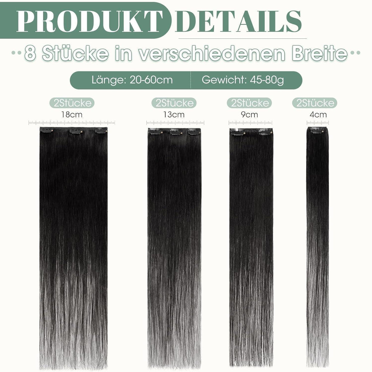 Echthaar Clip ins Haarverlängerung #1 Lackschwarz 50cm - 8 Stück