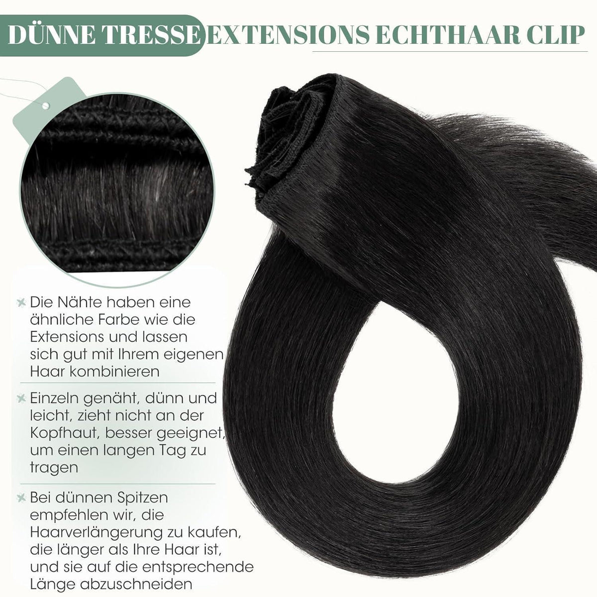 Echthaar Clip ins Haarverlängerung #1 Lackschwarz 50cm - 8 Stück