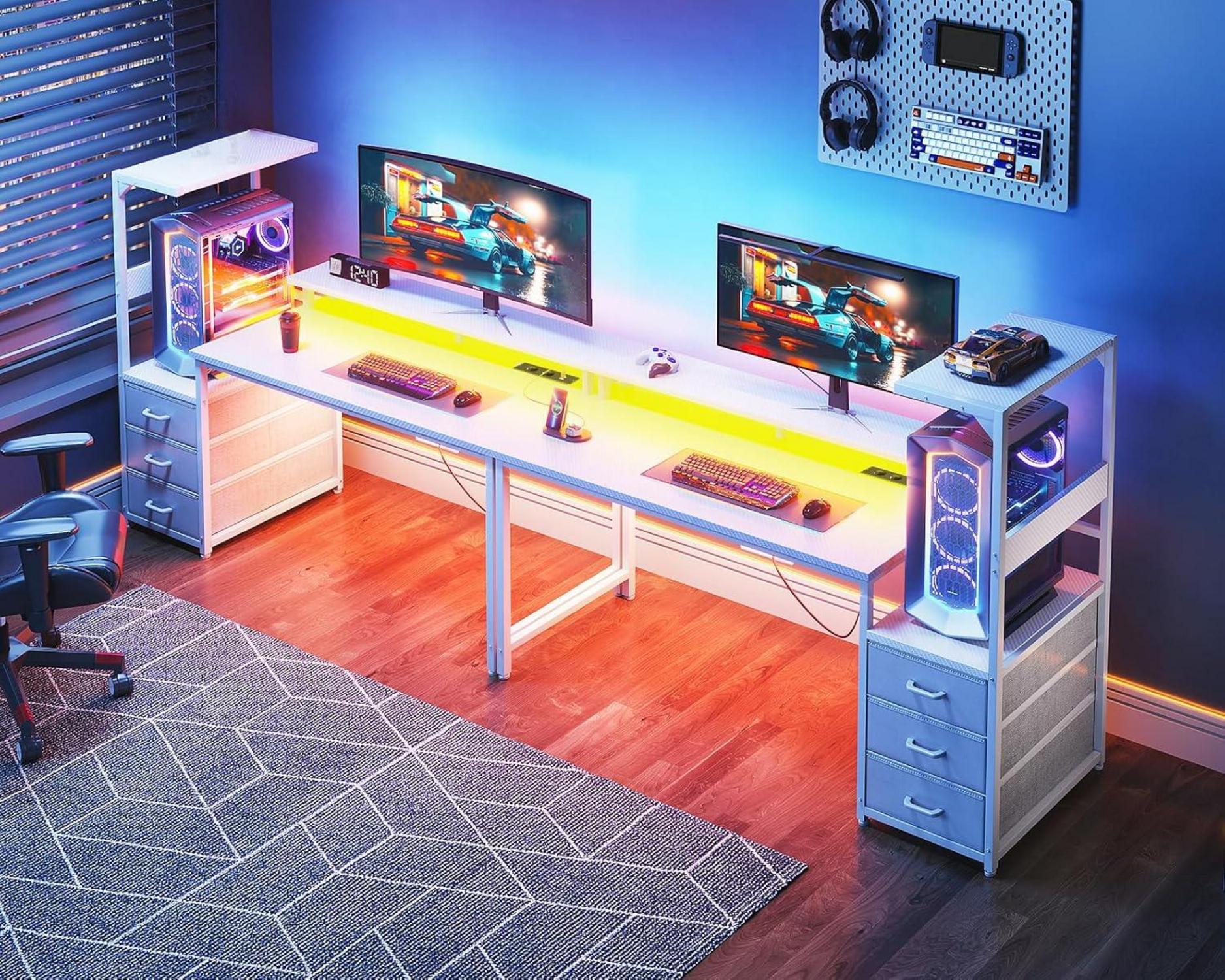 Gaming Schreibtisch LED-Beleuchtung Steckdose Schubladen Ablage Monitorständer Carbon Fiber Weiß 151×50 cm