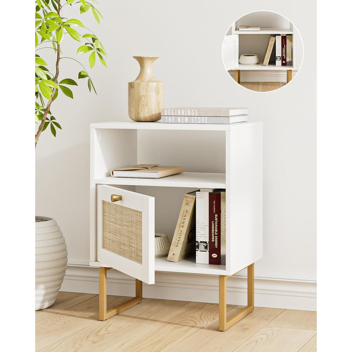 Boho Rattan Nachttisch, Weiß & Natur, Beistelltisch mit Schublade