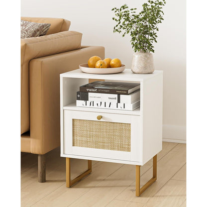 Boho Rattan Nachttisch, Weiß & Natur, Beistelltisch mit Schublade