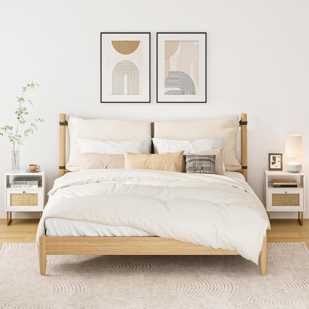 Boho Rattan Nachttisch, Weiß & Natur, Beistelltisch mit Schublade