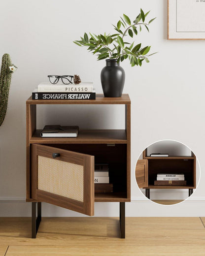 Rattan Nachttisch Boho Bauernhof Holz Beistelltisch mit Schublade