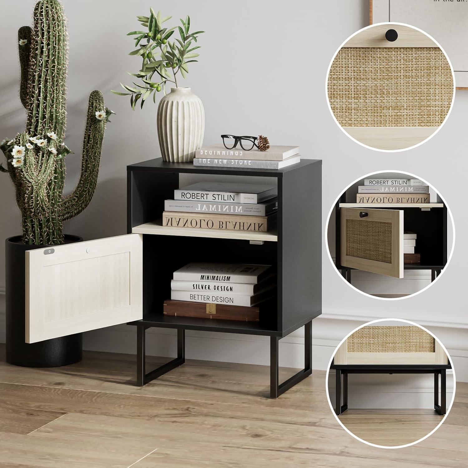 Boho Nachttisch Rattan Beistelltisch mit Schublade Eiche Regal