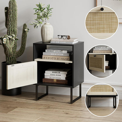 Boho Nachttisch Rattan Beistelltisch mit Schublade Eiche Regal