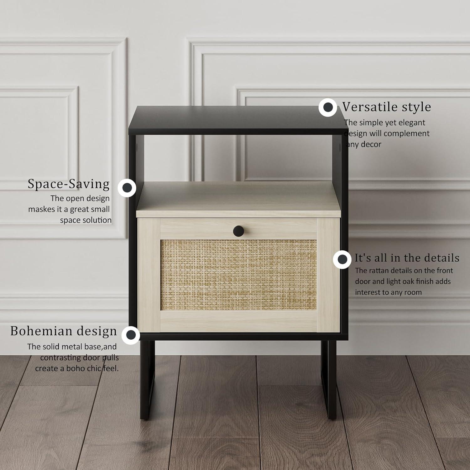Boho Rattan Nachttisch Kleiner Holz Beistelltisch mit Schublade Eiche
