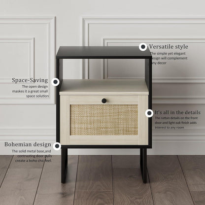 Boho Rattan Nachttisch Kleiner Holz Beistelltisch mit Schublade Eiche