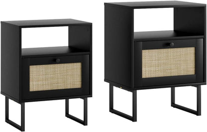 Boho Nachttisch Rattan Beistelltisch mit Schublade Eiche Regal