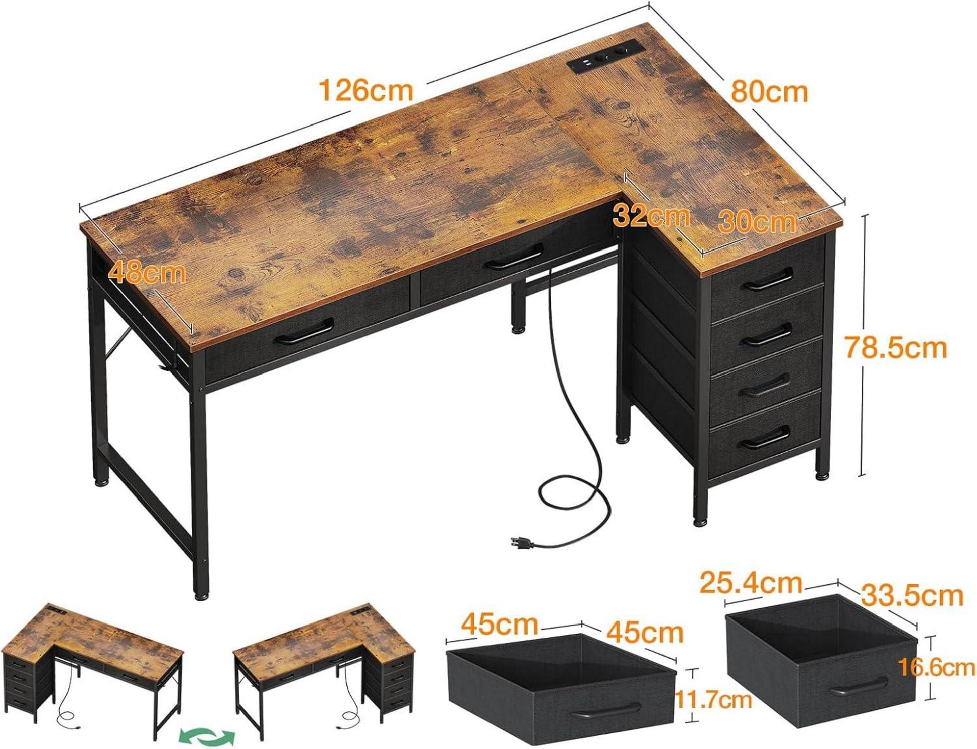 Eckschreibtisch mit Steckdose 6 Schubladen Stauraum 126x80cm
