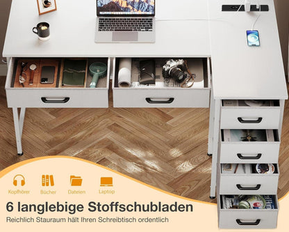 Eckschreibtisch 6 Schubladen Steckdose PC Tisch Weiß Stauraum