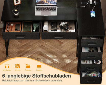 Eckschreibtisch Schwarz mit 6 Schubladen und Steckdose 126x80 cm