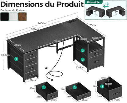 Schreibtisch L-Form mit Stoff Schubladen und USB-Anschluss