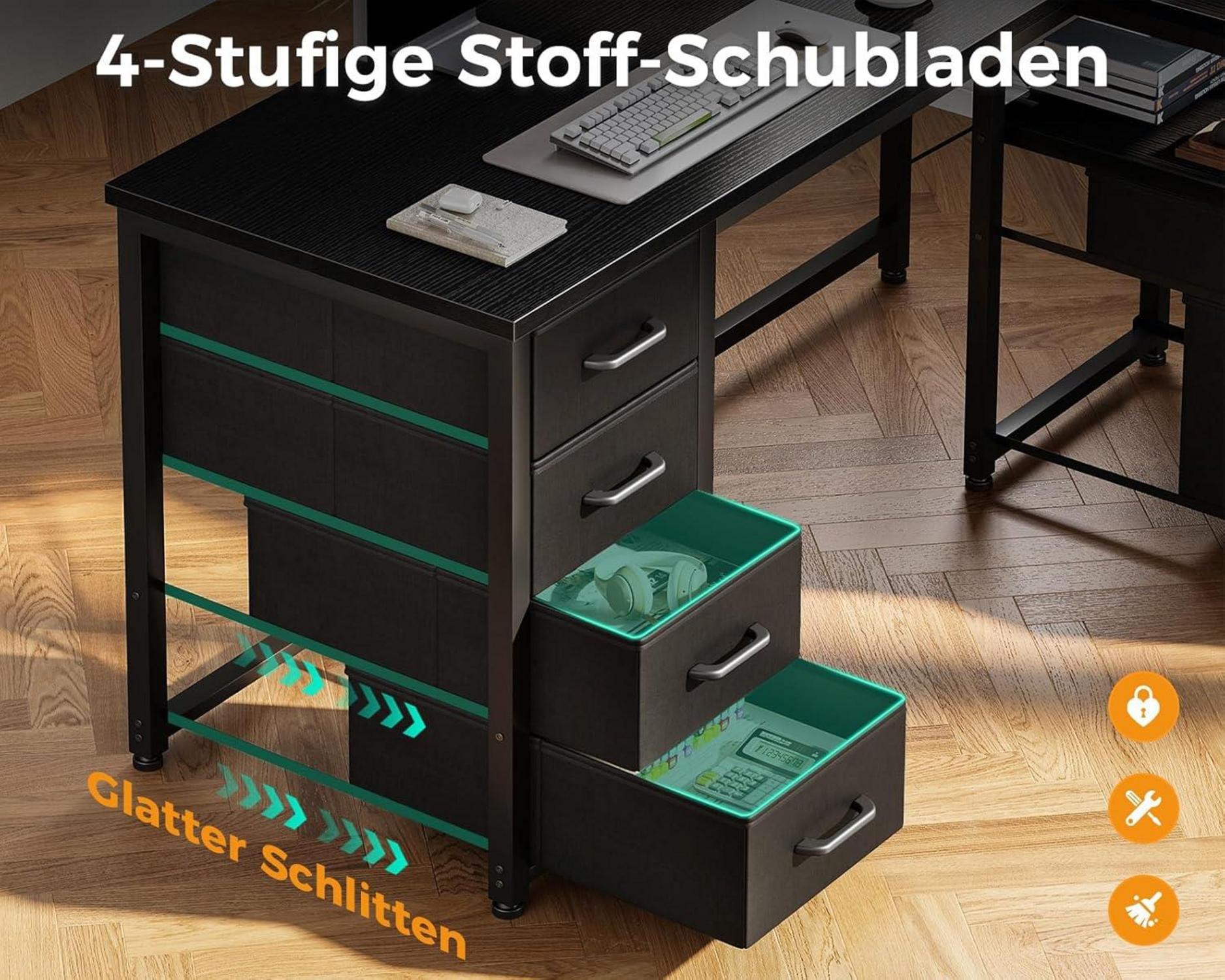 Schreibtisch L Form Stoff Schubladen Aktenschublade USB Steckdose Schwarz