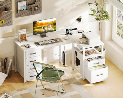 L-Form Schreibtisch mit Stoff Schubladen & USB-Ladeanschluss