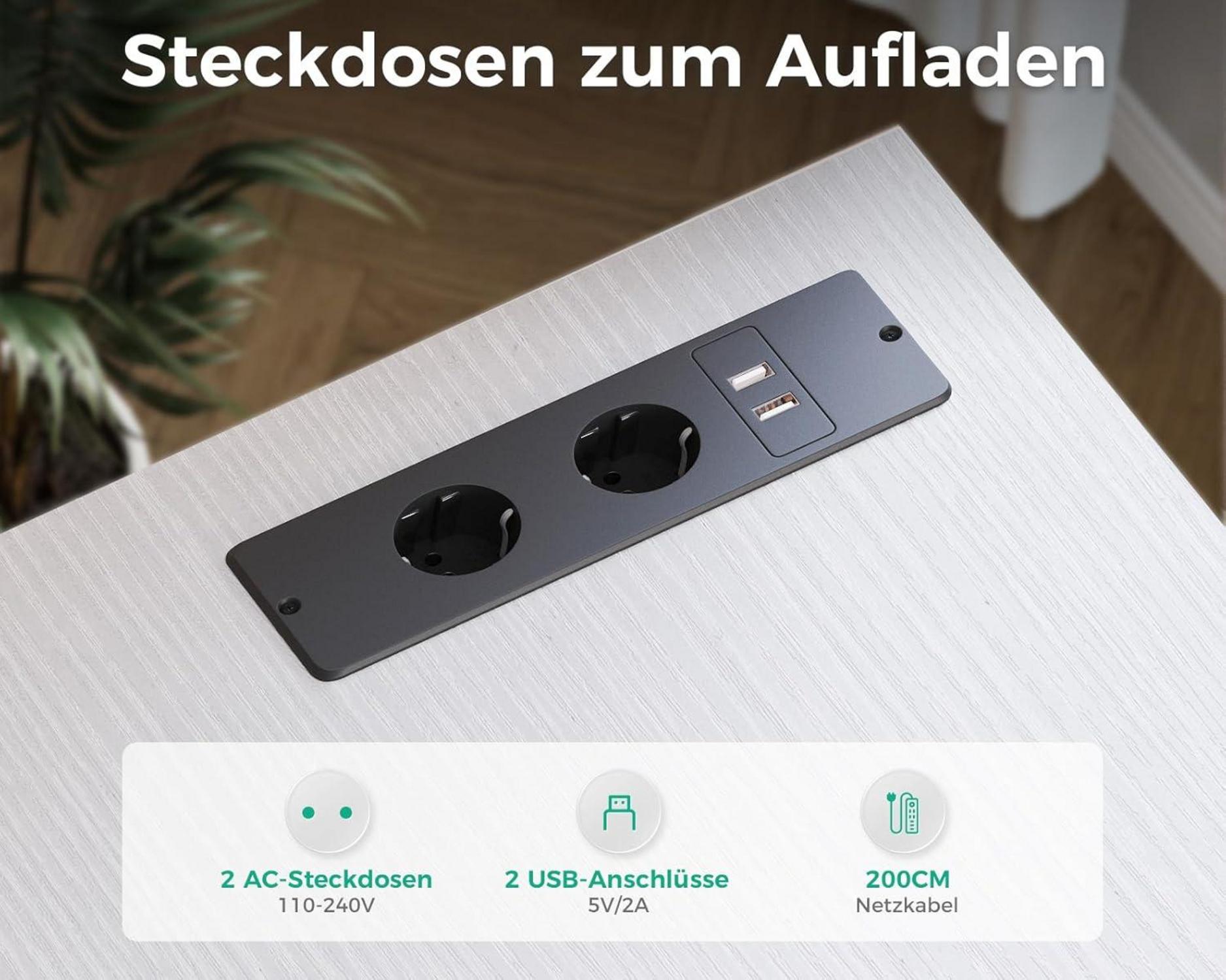 L-förmiger Schreibtisch mit USB-Ladeanschluss und Schubladen, Weiß 140x70cm