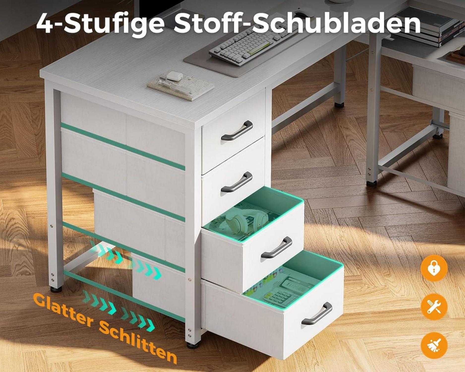 L-Form Schreibtisch Stoff Schubladen Aktenschublade USB Weiß 140x70cm
