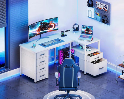 L-Form Schreibtisch Stoff Schubladen Aktenschublade USB Weiß 140x70cm