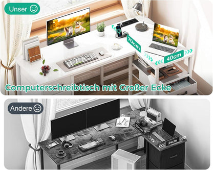 L-förmiger Schreibtisch mit USB-Ladeanschluss und Schubladen, Weiß 140x70cm
