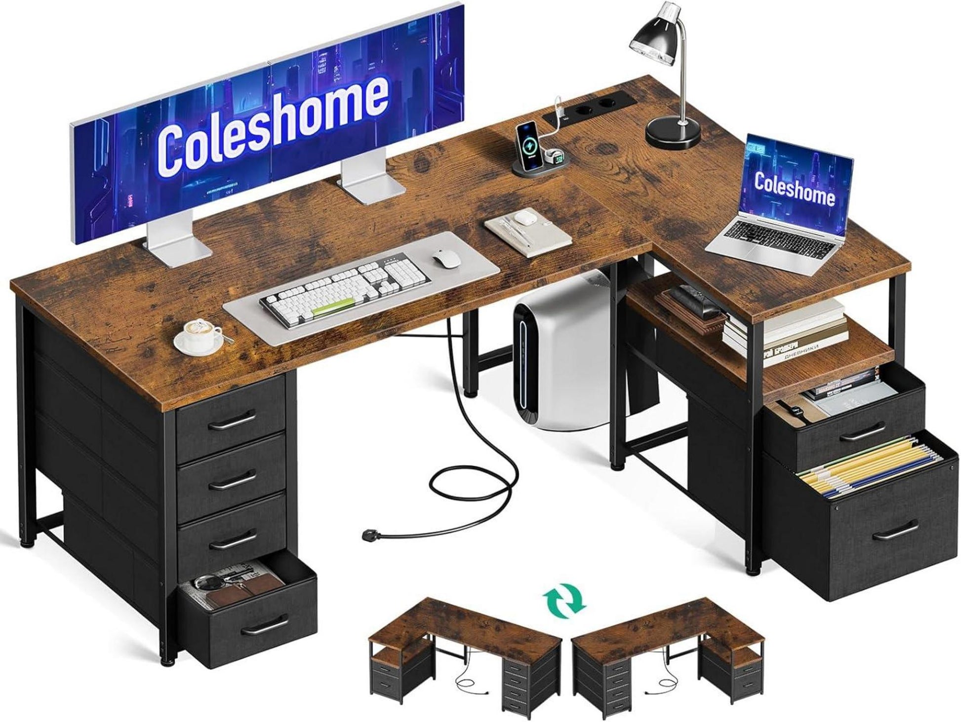Schreibtisch mit Stoff Schubladen und Steckdose, L-Form, Braun