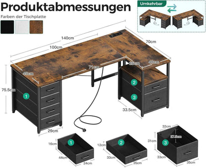 Schreibtisch mit Stoff Schubladen und Steckdose, L-Form, Braun