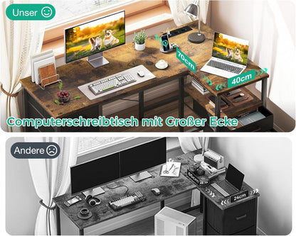 Brauner L-Form Schreibtisch Stoff Schubladen USB 140x70cm