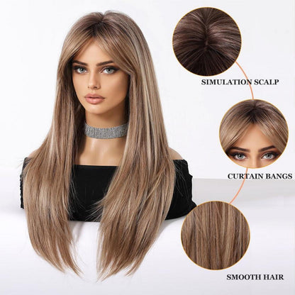 Lange Gerade Aschblond Perücke Synthetisch Hitzebeständig Ombre