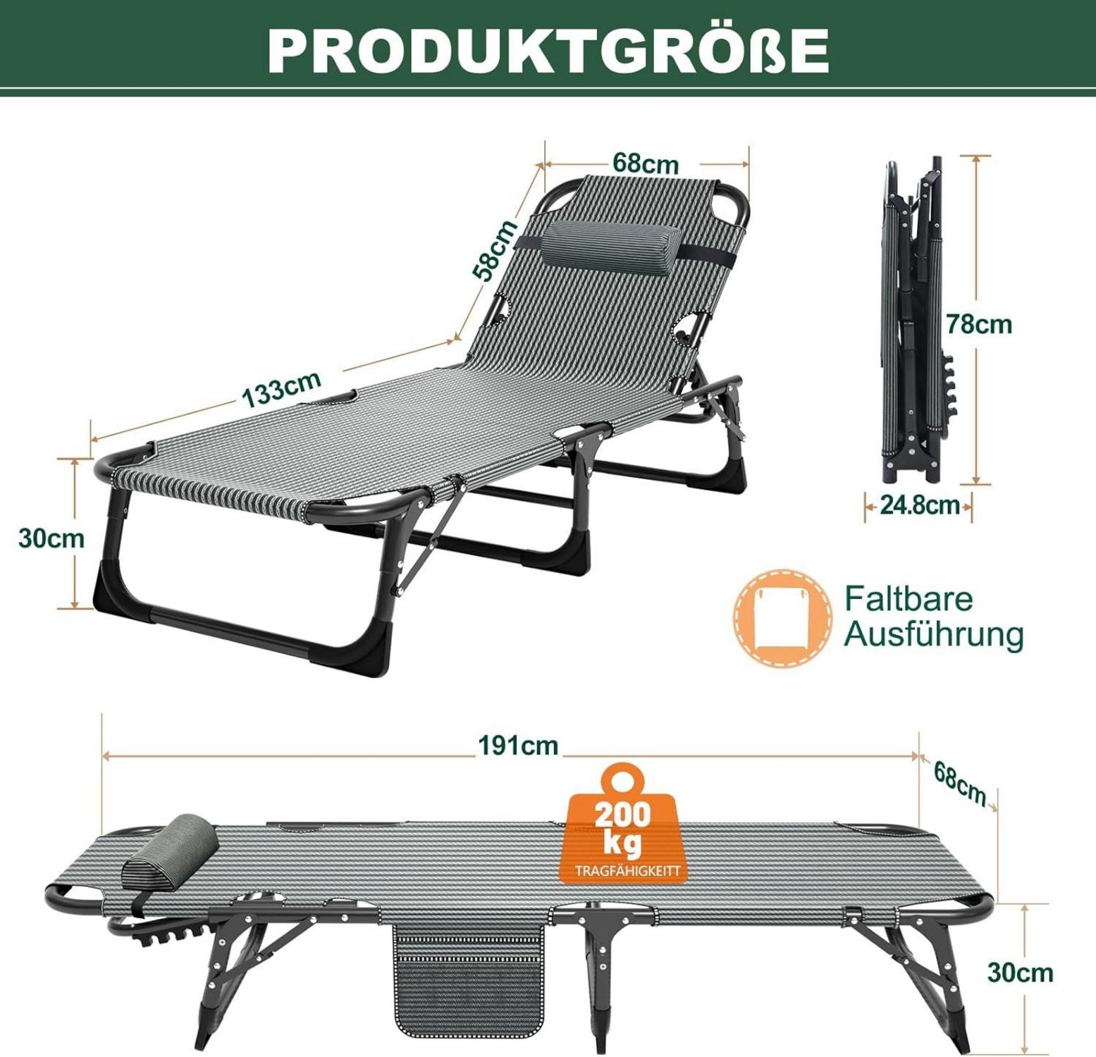 Faltbare Sonnenliege mit Matratze und Kopfstütze, belastbar bis 150 kg