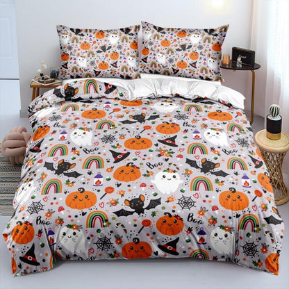 Halloween Bettwäsche Set 135x200 - Kürbis, Geist & Regenbogen 3D