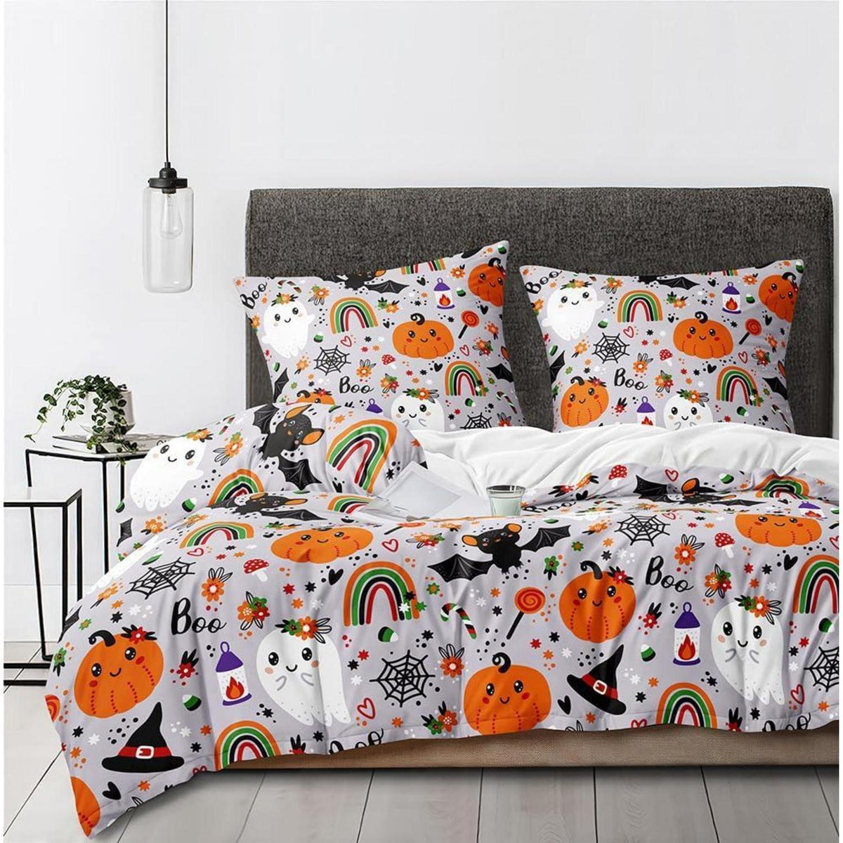 Halloween Bettwäsche Set 135x200 - Kürbis, Geist & Regenbogen 3D