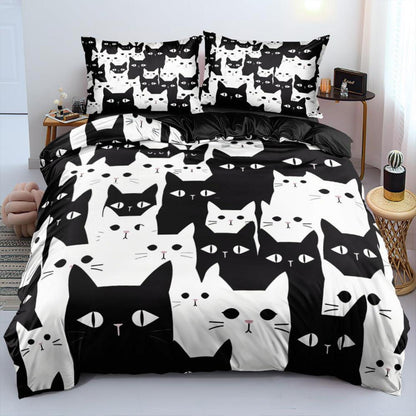 Halloween Bettwäsche Set 135x200 - Katze Schwarz Weiß 3D