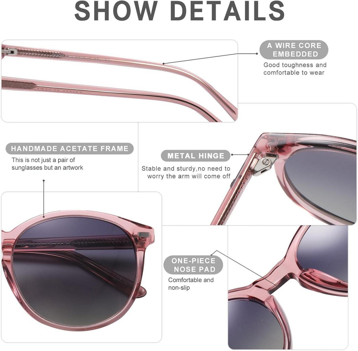 Polarisierte Retro Damen Sonnenbrille UV400 Leichtgewicht Acetat Grau Linse