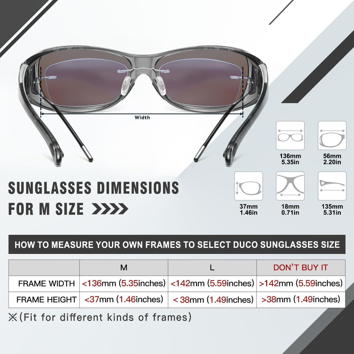 DUCO Polarisierte Sonnenbrille Überbrille UV400 Schutz Polbrille Wrap Around Größe L