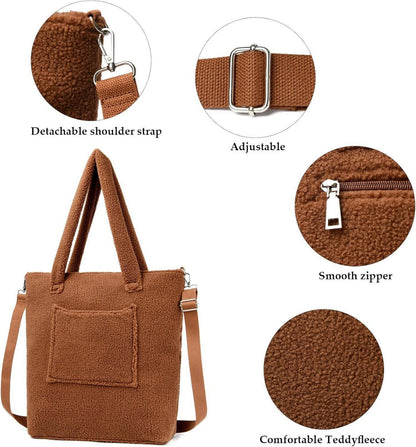 Teddyfleece Handtasche Damen Plüsch Schultertasche Winter Shopper Tasche Gurt