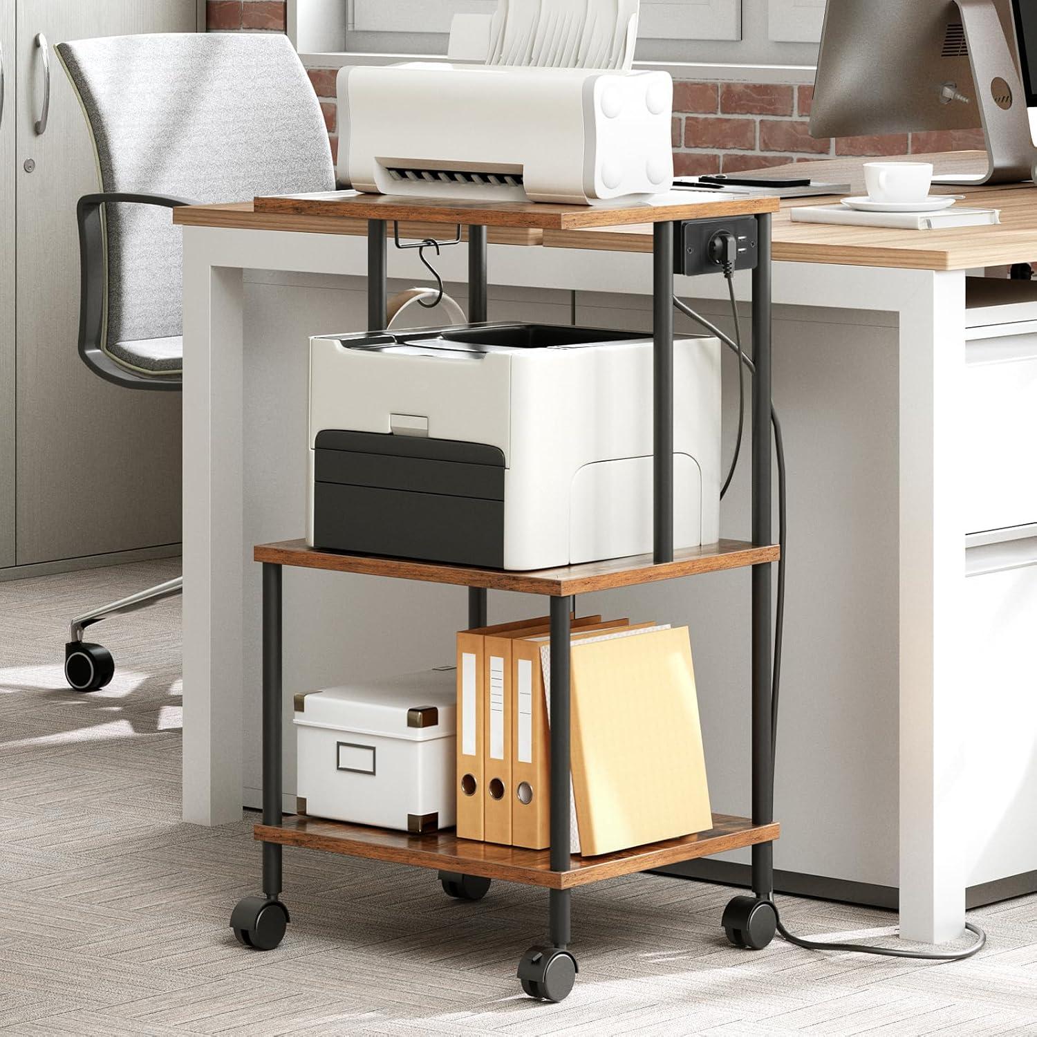 Druckerwagen mit Ladestation, 3 Ebenen, Rollen/Füßen, für Büro Wohnzimmer Küche Schlafzimmer