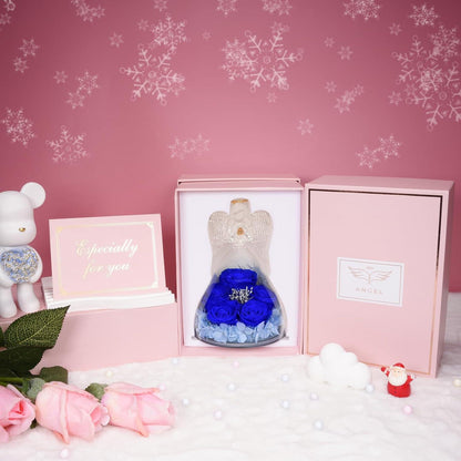 Ewige Rose Engel Glas Geschenkbox 5 handgemachte Rosen Blau