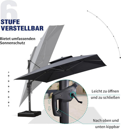 Grauer 365x365cm Ampelschirm Quadratisch mit Kurbel und Doppeldach