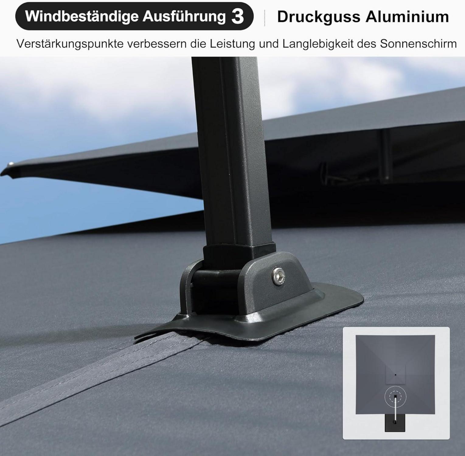 Ampelschirm Sonnenschirm mit Kurbel Doppeldach 270x365cm Grau Robust