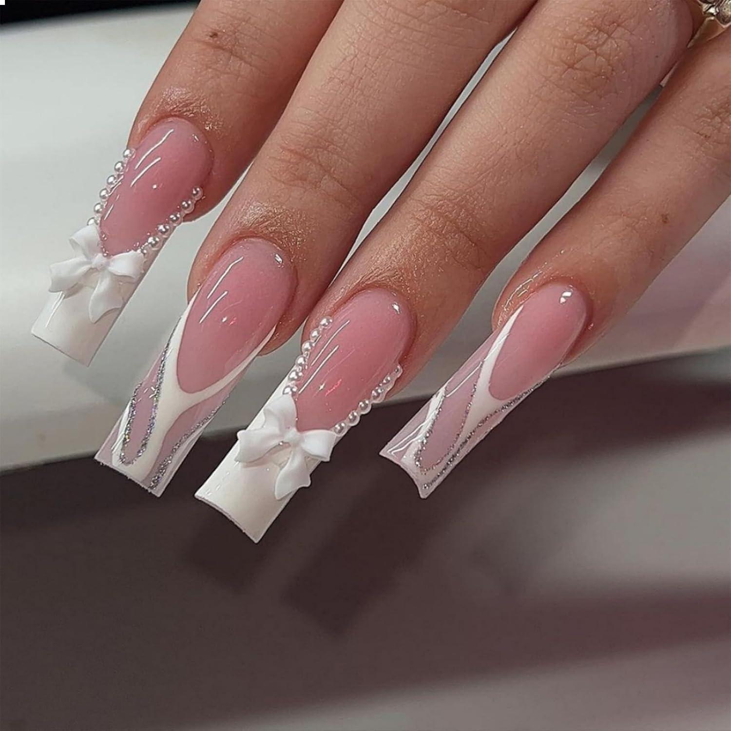 24 Stk. French Tip Press-on Nägel mit Strasssteinen Glänzend Sarg Stil