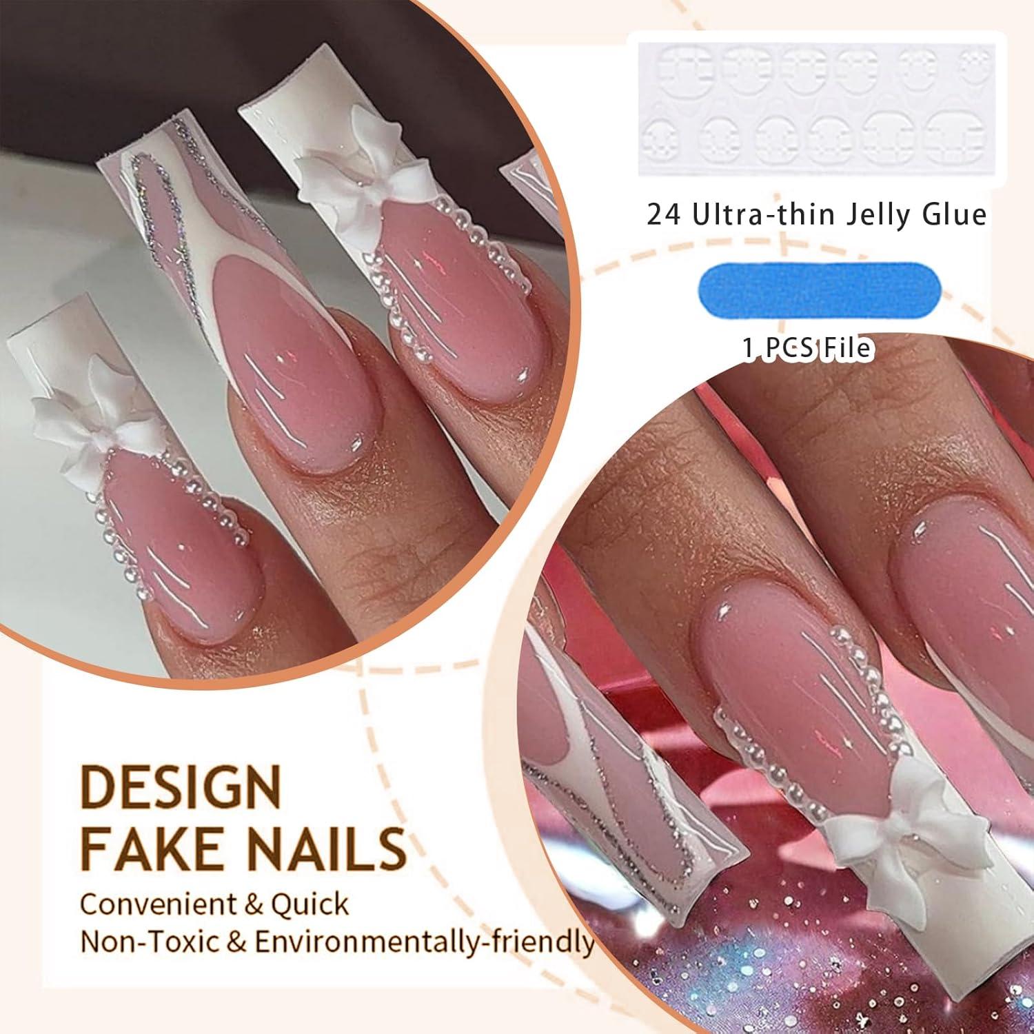 24 Stk. French Tip Press-on Nägel mit Strasssteinen Glänzend Sarg Stil